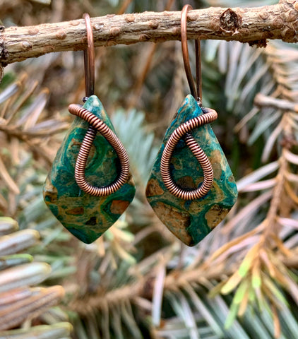 Diamond shaped Ghost Eye Jasper Earrings with hand coiled copper on copper ear wires.