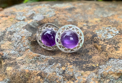 Sterling Silver and Amethyst Geometric-Edge Post Earring