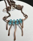 Hammered Copper and Aqua Glass Necklace