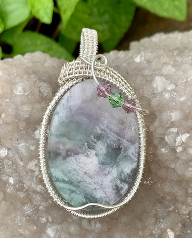 Purple, Green and White Fluorite Pendant in wire wrapped Sterling (.925) and Fine (.999) Silver with Swarovski Bead Accents.