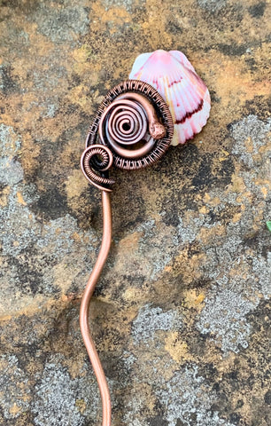 Heavy Gauge Copper Hair Stick with self collected Calico Sea Shell and wire wrapped Copper. 