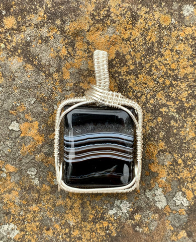 Banded Black Agate Pendant in Sterling and Fine Silver