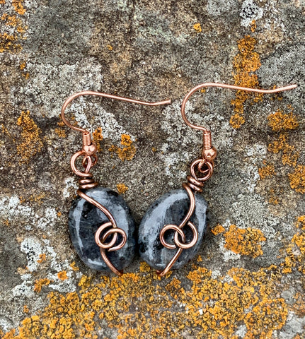 Shimmering Larvikite and Copper Earrings.