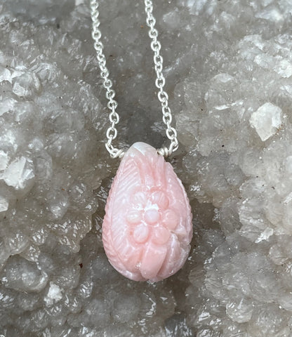 Carved Pink Opal Necklace in Sterling Silver. Carved with flowers.
