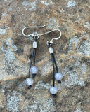 Lightweight Leather Earrings with Gray Agate Dangles with a silver tone accent bead on Sterling Silver Ear Wires.