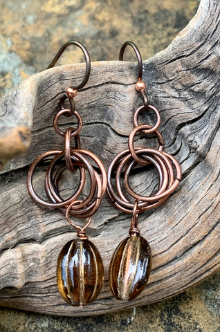 Hypoallergenic Brown and Gold Glass Bead and Copper Hoop Earrings. 