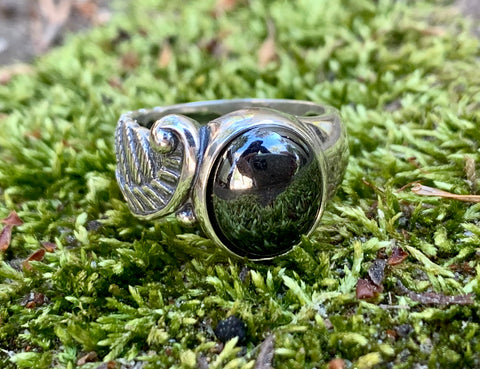 Sterling Silver Angel Wing Ring with Hematite - size 8