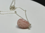 Carved Pink Opal Necklace in Sterling Silver. Carved with flowers.