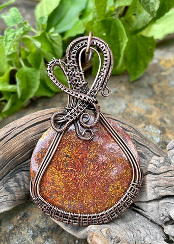 Colorful Round Red Moss Agate Pendant in Wire Wrapped Copper. 