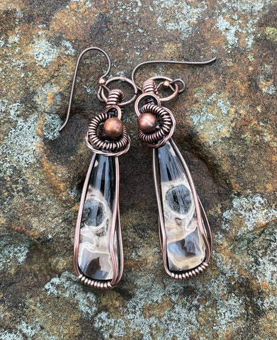 Hypoallergenic Indonesian Petrified Wood and Copper Earrings.
