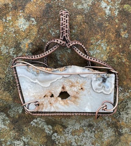Polished Agate Slice Pendant in Copper with Druzy Center