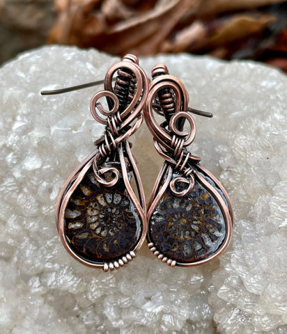Hypoallergenic Copper and Ammonite Earrings.