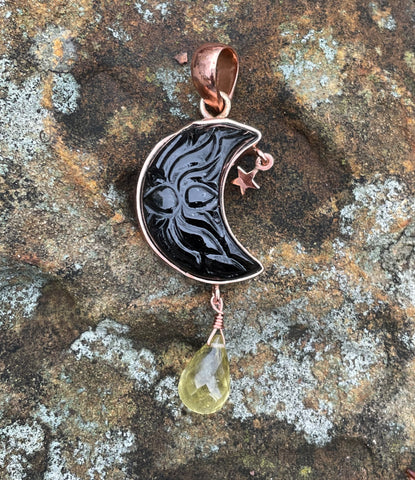 Carved Obsidian Moon Pendant in Copper with Copper Star and Faceted Citrine Dangle. 