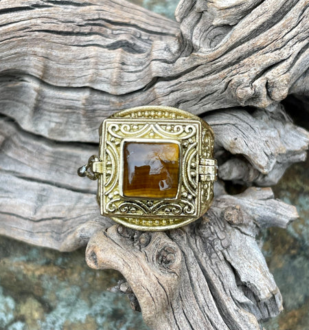 Brass Poison Ring with Tiger Eye. Size 7.