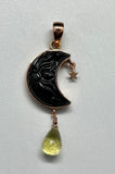 Carved Obsidian Moon Pendant in Copper with Copper Star and Faceted Citrine Dangle. 