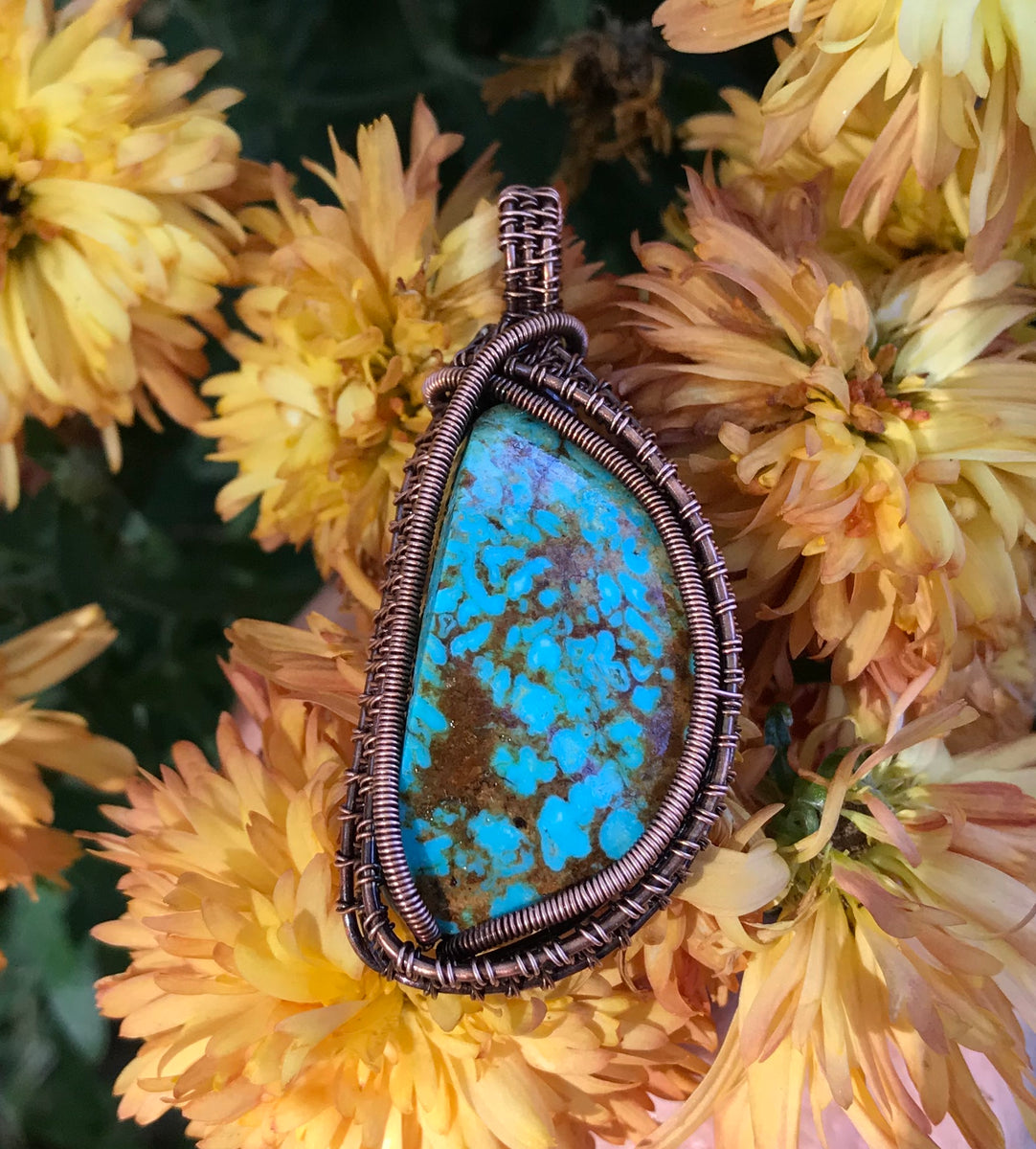 Burtis Blue Turquoise Pendant wrapped in Copper – Monkeylion Designs