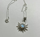 Flashy Blue Rainbow Moonstone Sun Necklace set in Sterling Silver.
