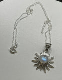 Flashy Blue Rainbow Moonstone Sun Necklace set in Sterling Silver.