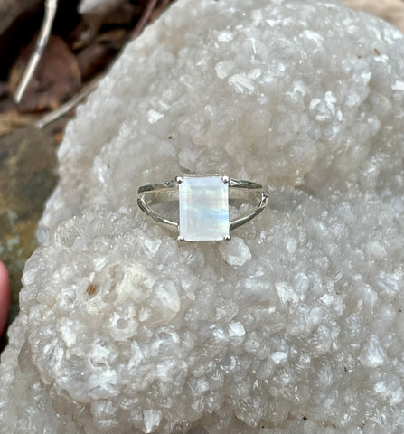 Colorful Rectangle Rainbow Moonstone Ring in Sterling Silver.  Size 7.
