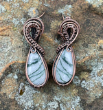 Hypoallergenic Green and White Tree Agate and Copper Earrings.
