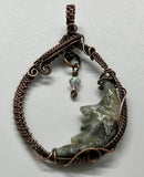 Moss Agate Moon Pendant in Wire Wrapped Copper with an iridescent Glass Star Dangle.