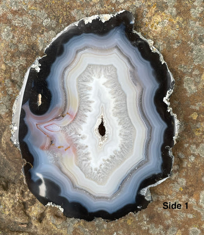 Large Natural Polished Black Agate Slice with Druzy Center. This would make a beautiful display piece.