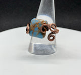 wire wrapped adjustable ring with blue impression jasper