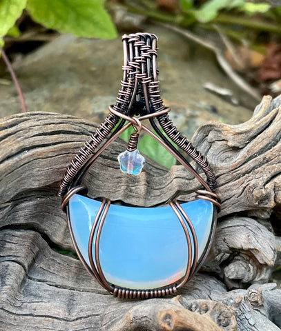 Opalite Crescent Moon Pendant in Copper with Czech Glass Star Dangle.
