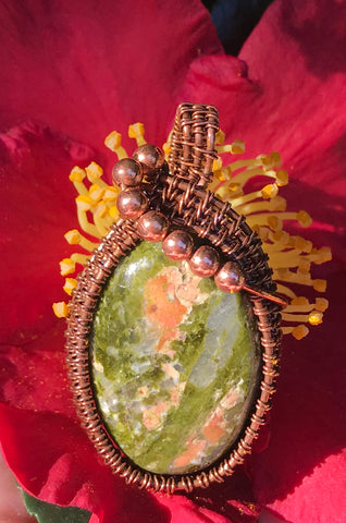 Unakite Pendant wrapped in Copper with Copper Bead Accents