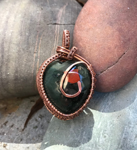Bloodstone Heart Pendant wrapped in Copper