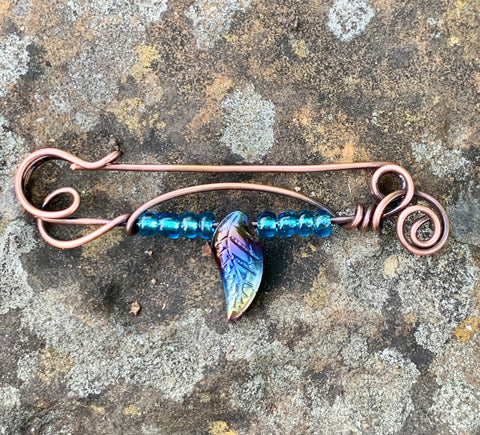 Copper Pin with Blue Glass beads and Rainbow Leaf Accent
