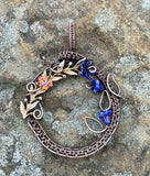 Wire Wrapped Copper "Spring" Pendant with brass leaves, Copper Leaves, Glass Flowers and Glass Bead Accent
