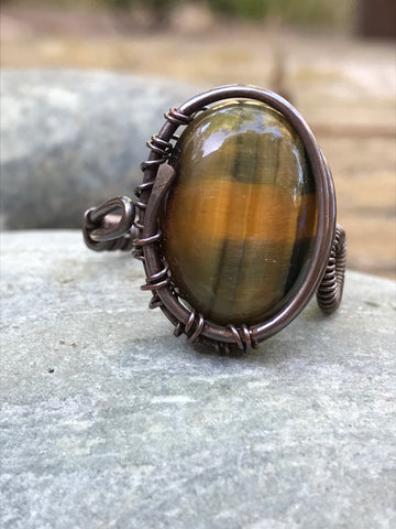 Blue and Yellow Tiger Eye RIng in Copper - Adjustable