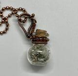 Glass Bottle Necklace with Lichens and Tumbled Quartz in Wire Wrapped Copper with Glass Bead
