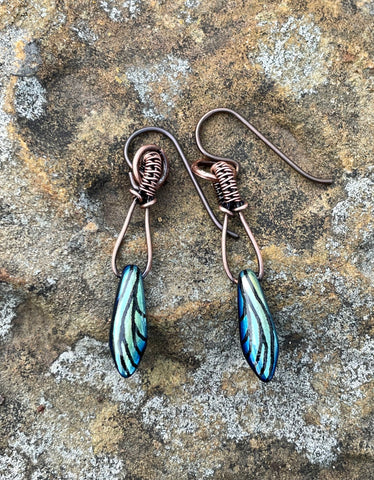 Hypoallergenic Iridescent Glass Dragon Fly Earrings in Copper with Niobium Ear Wires. 