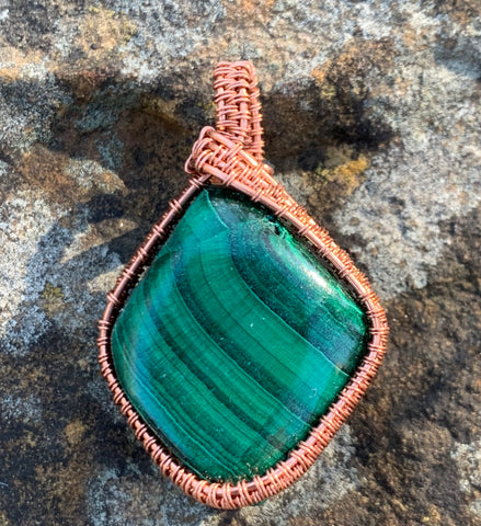 Striking Tumbled Malachite Pendant wrapped in Copper