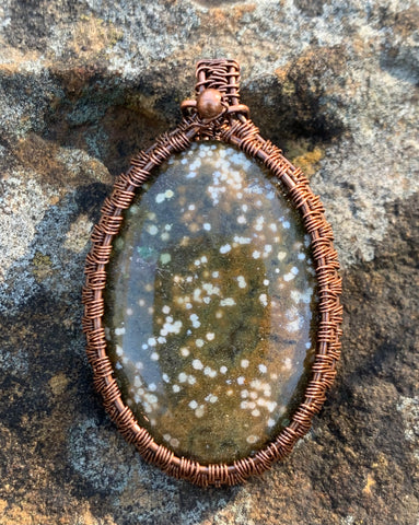Ocean Jasper Woven Copper Pendant