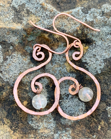 Rutilated Quartz and Hammered Copper Earrings